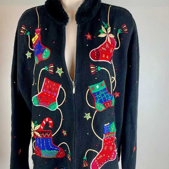 Designer Studio L Black Christmas Cardigan Pretty Sweater Zips - Picture 3 of 13